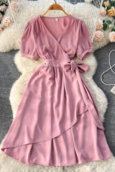 Elegantes Wickelkleid mit Puffärmeln und Schnürung für Damen, lässiges langes A-Linien-Kleid